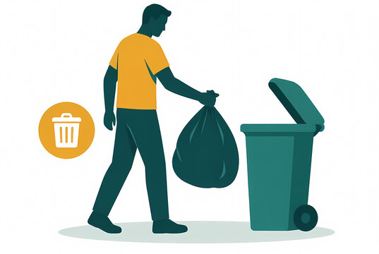 Vector illustration of a man carrying a garbage bag to a wheelie bin for waste management and environmental cleanliness, house chore and waste disposal concept on white background.