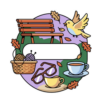 Cozy autumn outdoor setting with bench, knitting, bird, and teacups