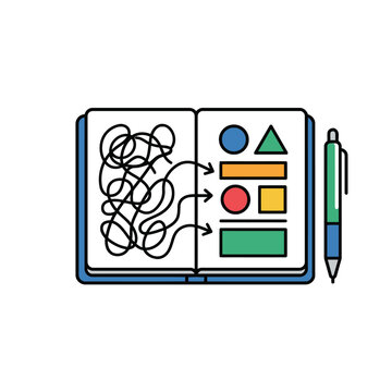 Problem-solving illustration with tangled lines transforming into organized shapes in a notebook