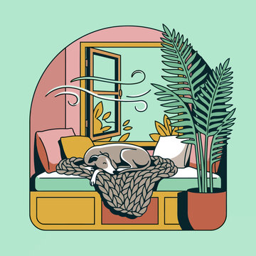 Cozy room with a sleeping dog, open window, and plant for relaxation