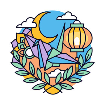 Creative illustration of an origami crane with moon and lantern, symbolizing peace and harmony