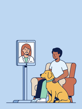Man and dog in online telehealth consultation with female doctor for mental wellness