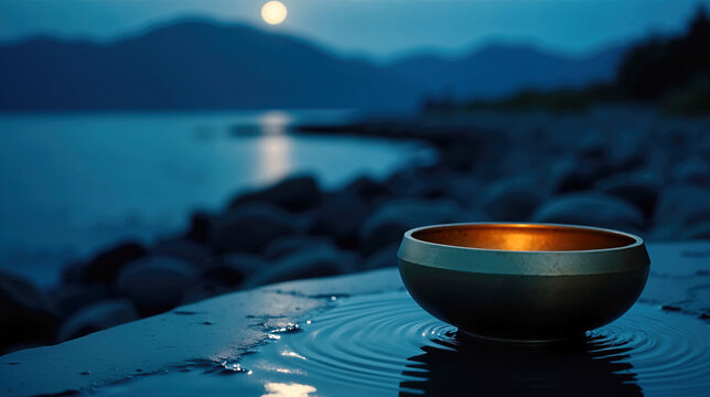 Golden brass singing bowl resting in water with circular ripples on a rocky shore under moonlight. Night sound healing scene with blue lake, full moon and mountain backdrop reflection