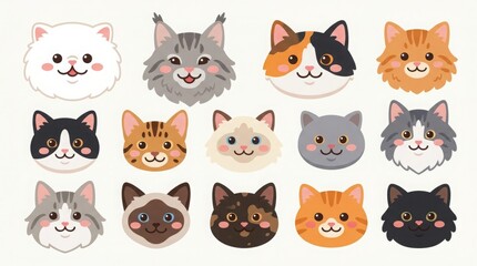Fototapeta premium Collection of Modern Flat Vector Cat Head Icons and Feline Character Illustrations