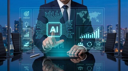 Obraz premium Artificial intelligence business transformation dashboard for strategy, innovation, workflow, teamwork and sustainable growth