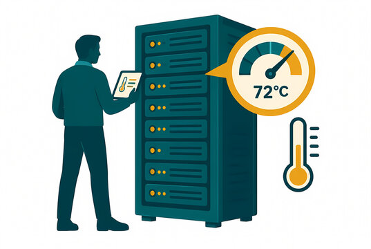 Flat vector illustration of a professional IT technician or engineer silhouette using a digital tablet to monitor server room temperature and hardware cooling system performance.