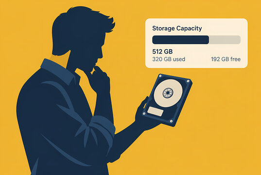 Man Silhouette Holding Hard Drive Thinking About Data Storage Capacity Management, Vector Illustration of Computer Hardware Memory and Digital Disk Space Allocation Concept