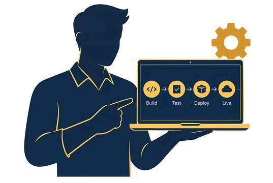 Man Silhouette Holding Laptop Showing Software Development Life Cycle Pipeline with Build Test Deploy and Live Stages, DevOps Automation and Tech Workflow Vector Illustration