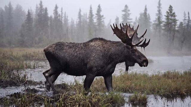 Majestic bull moose walks through misty wetland forest during rainfall.