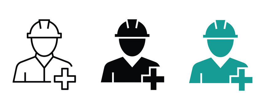 Construction worker profile icon set with plus symbol for adding personnel hard hat add user