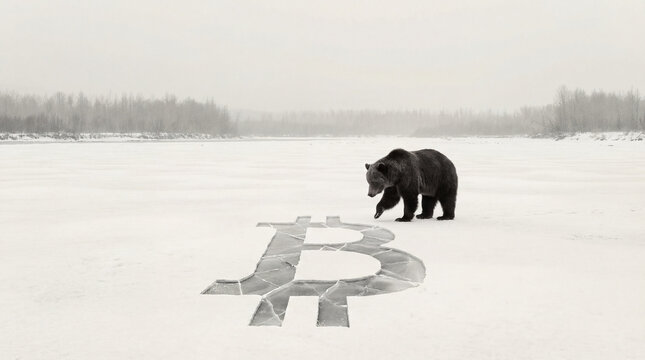 Bear walking on a frozen lake with a large bitcoin symbol carved into the ice, symbolizing the trends and challenges in the cryptocurrency market. Image made using Generative AI.