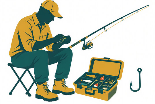 Flat Vector Illustration of a Fisherman Sitting on a Stool Preparing His Fishing Gear with a Tackle Box, Rod, and Lures, Minimalist Silhouette Style for Outdoor Hobby Concept Art.