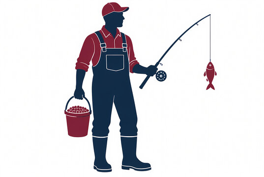 Flat vector illustration of a male fisherman silhouette wearing overalls and a cap, holding a professional fishing rod with a caught fish and a bait bucket on a white background.