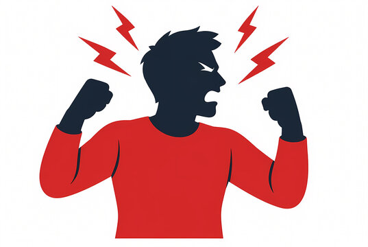 Flat Vector Illustration of an Angry Man Silhouette Shouting with Clenched Fists and Lightning Bolts Around His Head Representing Rage, Stress, Frustration, or Aggression Concept