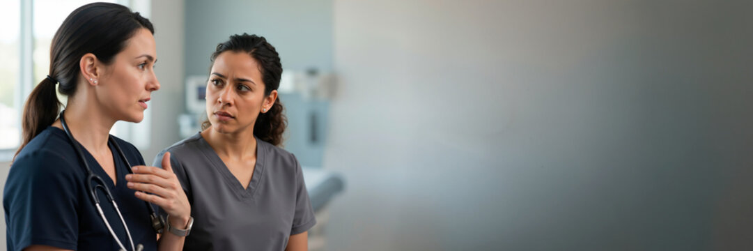 Two female healthcare workers in scrubs discussing patient diagnosis in hospital clinic. Panoramic medical banner with copy space