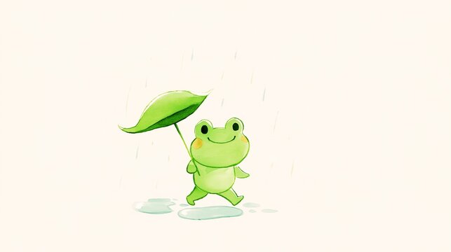 A cute watercolor-style illustration of a frog happily walking in the rain under a leaf umbrella
