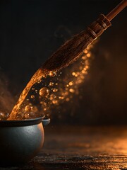 Fototapeta premium Witch broom stirring a glowing potion inside a black cauldron, golden liquid splash with sparkling bubbles in warm amber light against a dark moody backdrop