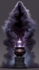 Fototapeta premium Hooded spectral figure rising in swirling purple smoke above an ornate cauldron holding a glowing crystal orb on a stone pedestal in a dark fantasy ritual scene