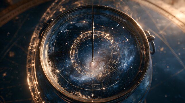 Ornate antique astrolabe with a glittering galaxy and golden constellations inside its dial, glowing celestial rings over a deep blue cosmic space background