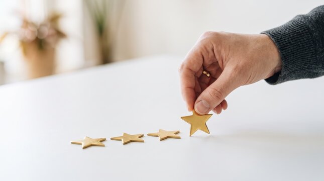 Hand placing golden star on white table next to three others, representing five star rating, customer satisfaction, quality assurance and excellent service review concept