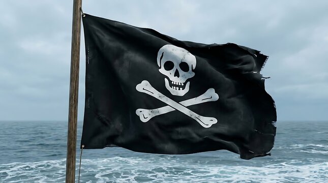 Jolly Roger pirate flag waving in the wind against a backdrop of the ocean, symbolizing adventure and rebellion on the high seas