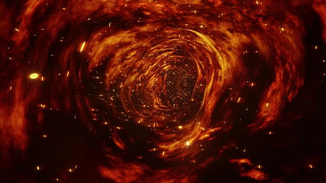 3D journey flying through a swirling fire tunnel filled with burning hot embers and bright glowing orange sparks