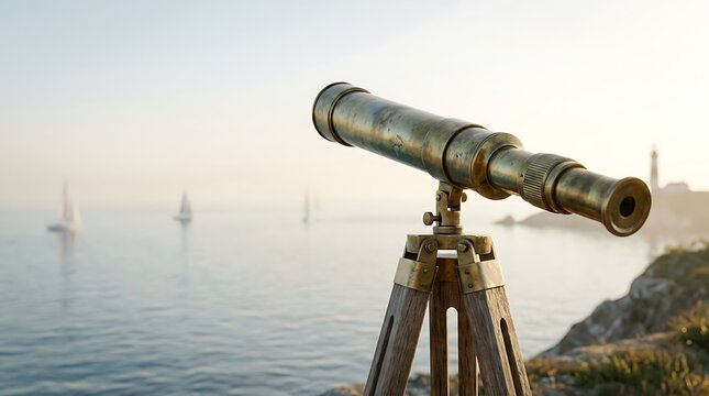 Vintage Brass Telescope on Tripod Overlooking Calm Ocean with Sailboats and Distant Lighthouse at Sunset