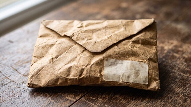Old brown paper envelope with blank label on wooden table