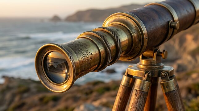 Vintage brass telescope on a wooden tripod overlooking the scenic ocean coast during sunset