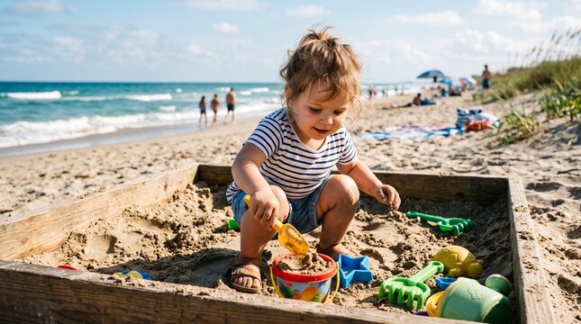 Toddler playing in a sandbox at the beach with ocean waves and people in the background