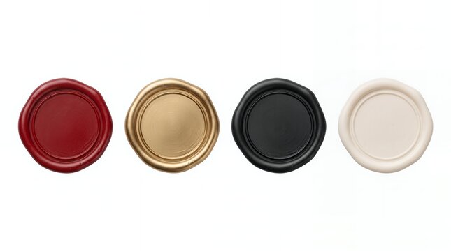 Four classic wax seals in red, gold, black, and ivory arranged in a row on white, ideal for wedding invitations, envelopes, stationery, branding, and handmade paper crafts.