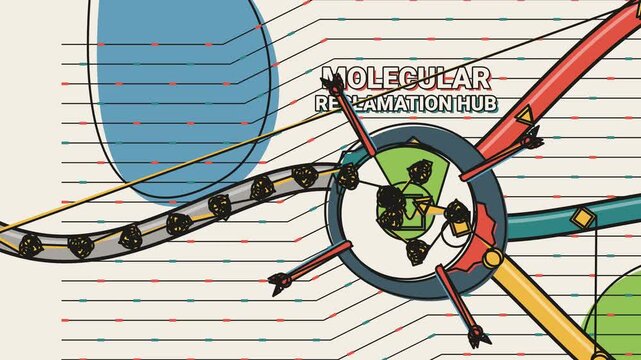Stylized 2D animation of a molecular reclamation hub machine sorting molecules along color coded paths in a schematic blueprint style