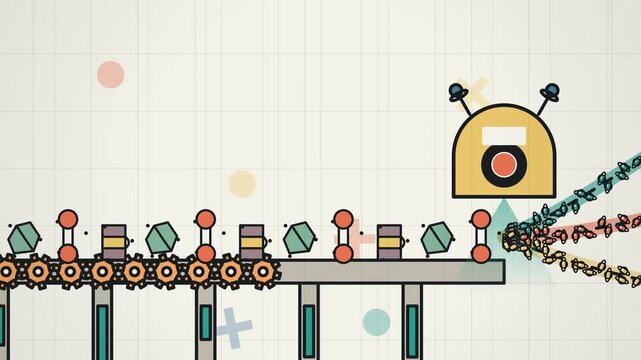 Stylized 2d animation of a futuristic machine sorting molecular structures from a conveyor belt into colorful chemical tanks, automated factory process visualization
