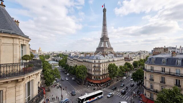 Eiffel Tower Paris Cityscape with Traffic and Buildings.