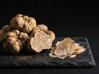 Fototapeta na wymiar Priceless gourmet white truffle fungi served on black stone