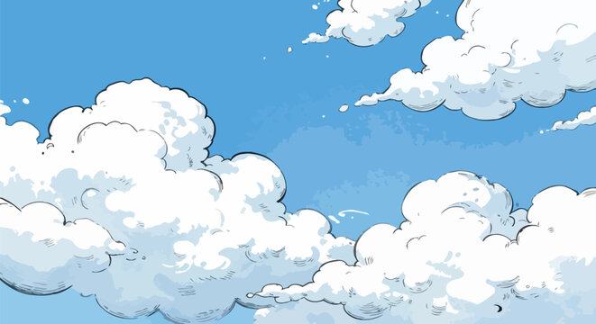 Anime style fluffy white clouds on blue sky background, hand drawn manga sky illustration, cinematic summer atmosphere vector landscape