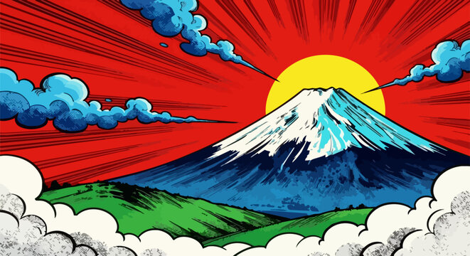 Vintage comic book mountain landscape, retro pop art volcano with rising sun, vibrant ukiyo-e style nature illustration with clouds and speed lines
