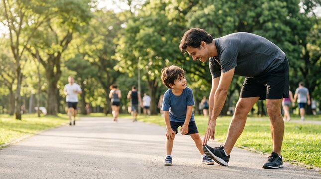 Smiling father and his little son doing warm up stretching exercises together in a sunny city park