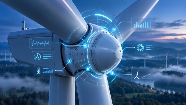 Close up of a wind turbine nacelle with futuristic glowing digital holographic interfaces displaying performance data and energy analytics against a mountain background