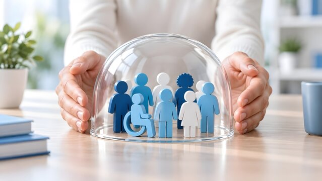 Hands protecting diverse wooden people figures including a wheelchair user under a glass dome illustrating social security insurance and inclusive community care