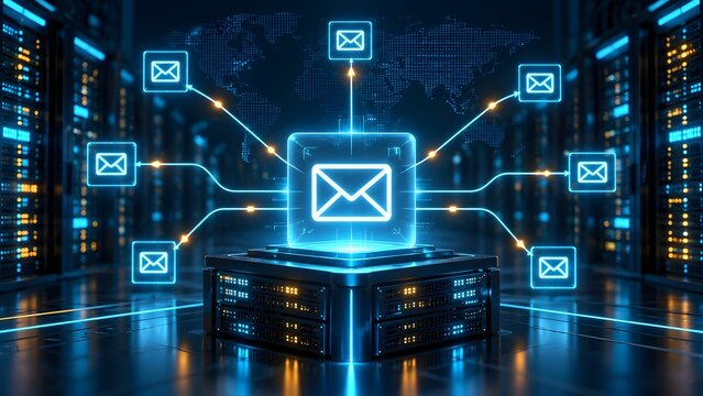 Glowing email icon on a server rack connecting to a digital world map representing global communication network and international digital marketing
