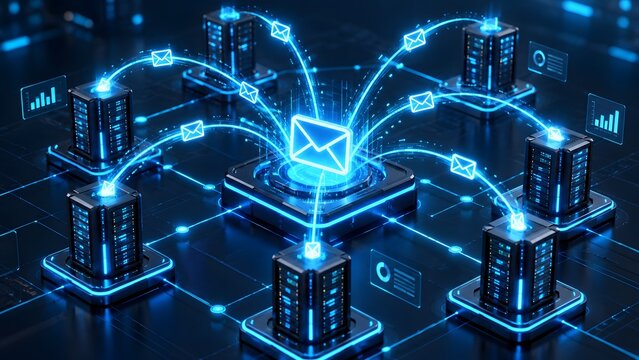 Glowing digital email envelope distributing light trails to server nodes illustrating mass email marketing corporate communication network and cloud messaging