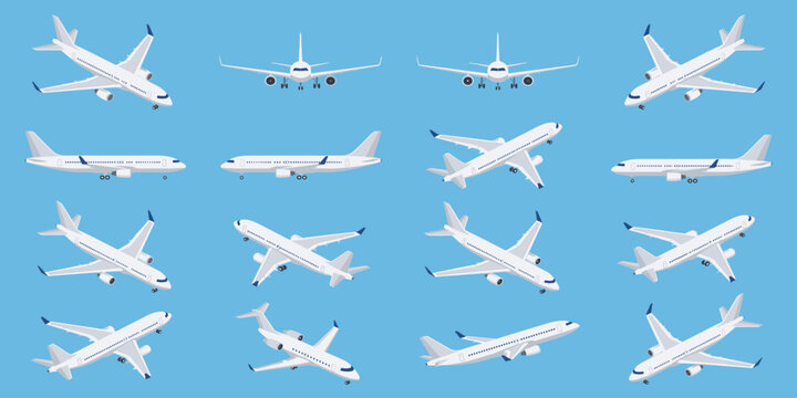 airplanes aircraft plane flight planes in different positions in top view front and side views