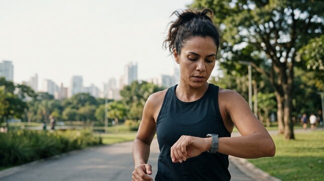 Athletic woman checking her smartwatch during a morning running workout in a sunny city park