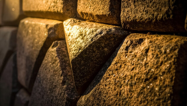 Close-up photo of ancient pre-Columbian polygonal stone wall with interlocking angles, dramatic golden hour lighting.