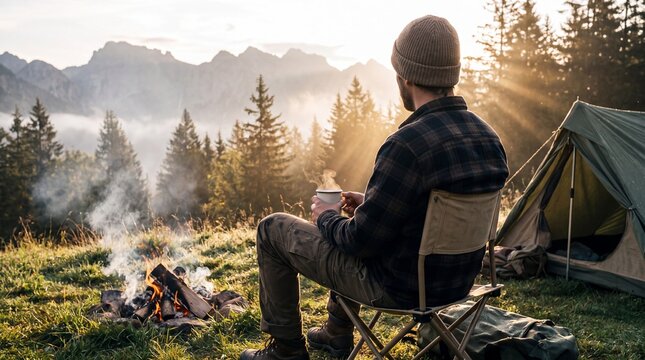 Adventurous camping lifestyle with a man sitting on a folding chair holding a steaming mug by a campfire at sunrise with mountains in the background