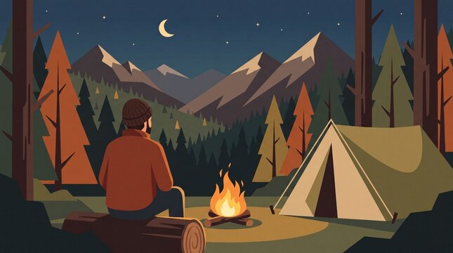 Outdoor adventure and solo camping lifestyle illustration of a lone traveler sitting by a campfire with a tent in a pine forest and mountains at night under a starry sky
