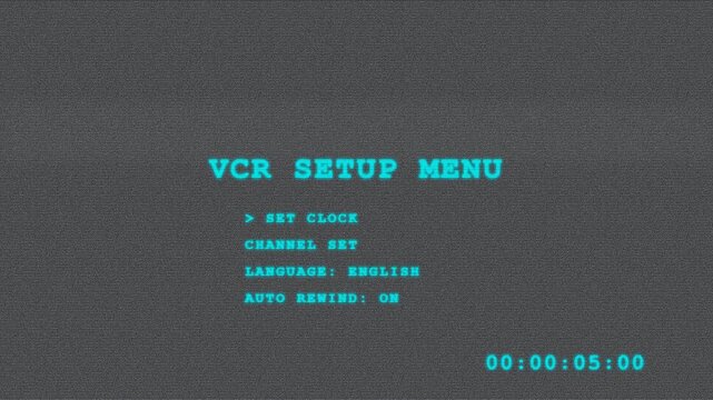 Retro VCR setup menu overlay on analog static background with nostalgic glitch aesthetic