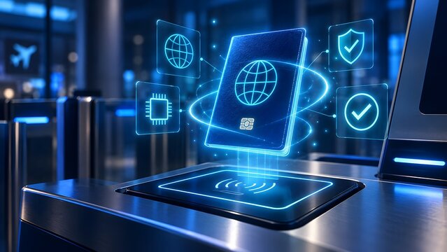 Holographic digital passport scanning at electronic airport gate for automated boarding and identity verification