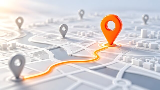 Orange location pin and glowing navigation route on white 3d city map concept